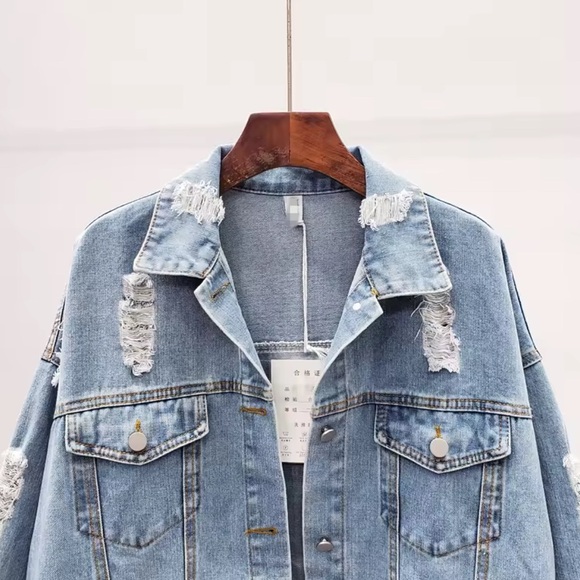 Boho Floral Print Beaded Distressed Denim Jean Jacket - Picture 9 of 10